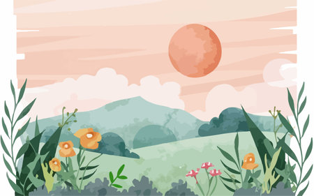 Landscape with flowers and mountains in flat style. Vector illustration.のイラスト素材