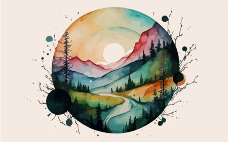 Hand drawn vector abstract mountain landscape with forest, river, hills, mountains, clouds and sun in watercolor style.のイラスト素材