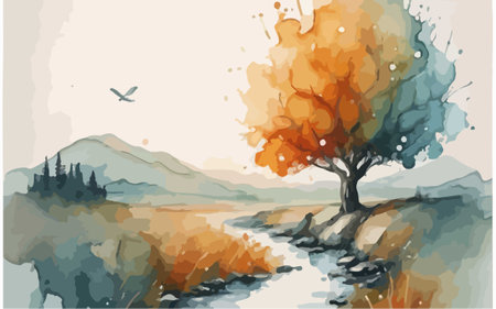 Vector illustration of autumn landscape with a tree on the bank of the riverのイラスト素材