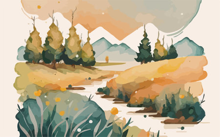Autumn landscape with mountains, river and trees. Vector illustration.のイラスト素材