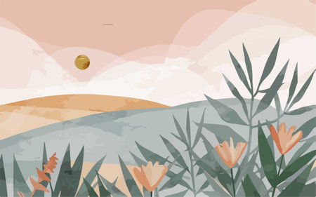Landscape with flowers, mountains and sun. Vector illustration in flat styleのイラスト素材