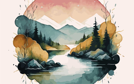 Landscape with mountains, river and forest. Hand drawn vector illustration.のイラスト素材