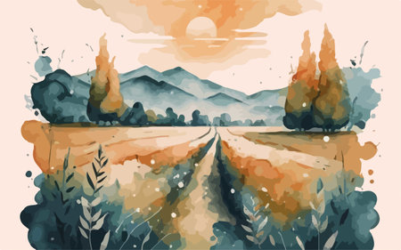 Watercolor landscape with fields and mountains. Hand drawn vector illustration.のイラスト素材