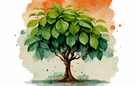 Illustration of a green tree with leaves on watercolor background.のイラスト素材