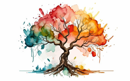 Autumn tree with colorful watercolor splashes. Vector illustration.のイラスト素材