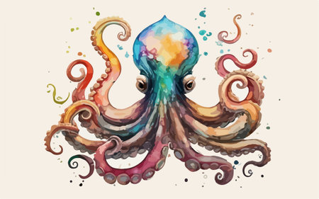 Illustration of a colorful octopus with watercolor splashes.のイラスト素材