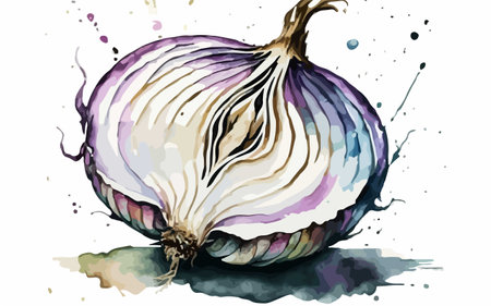 Illustration of a onion with watercolor splashes on a white backgroundのイラスト素材