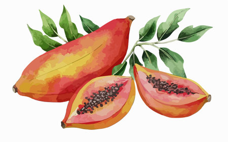 Papaya fruit with leaves. Vector illustration of papaya.のイラスト素材