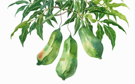 Papaya tree branch with fruits and leaves. Watercolor illustration.のイラスト素材