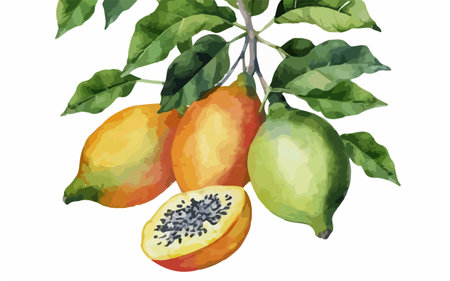 Watercolor illustration of a ripe passion fruit on a tree branch.