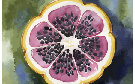 Watercolor illustration of a half of a pomegranate with seeds