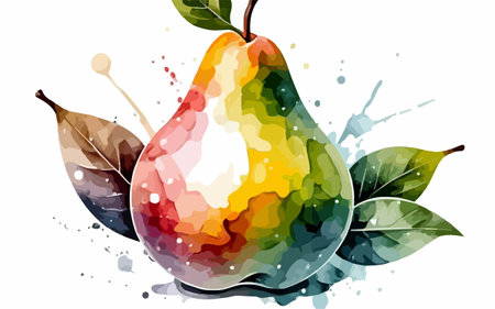 Watercolor pears with leaves and splashes. Vector illustration.のイラスト素材