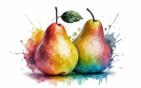 Illustration of three pears with watercolor splashes on white backgroundのイラスト素材