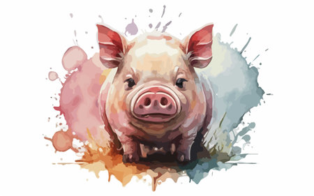 Illustration of a cute pig with watercolor splashes on a white backgroundのイラスト素材