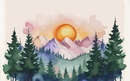 Landscape with mountains, pine trees and sun. Vector illustration.のイラスト素材