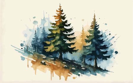 Pine trees in the forest. Watercolor painting. Vector illustration.のイラスト素材