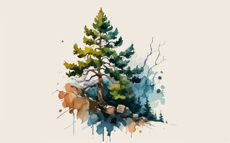 Pine tree in the forest, watercolor painting. Vector illustration.のイラスト素材