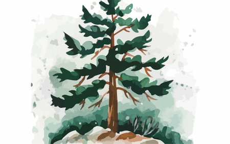 Pine tree in watercolor style. Hand drawn illustration. Vector.のイラスト素材