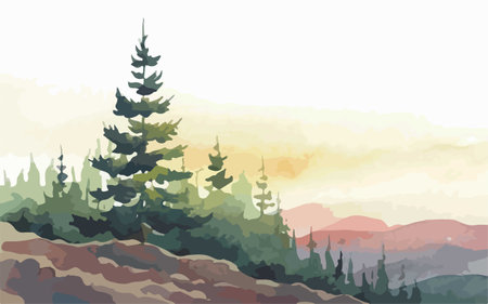 Landscape with coniferous forest and mountains. Vector illustration.のイラスト素材