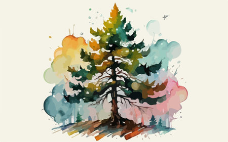 Pine tree in watercolor style. Hand drawn vector illustration.のイラスト素材