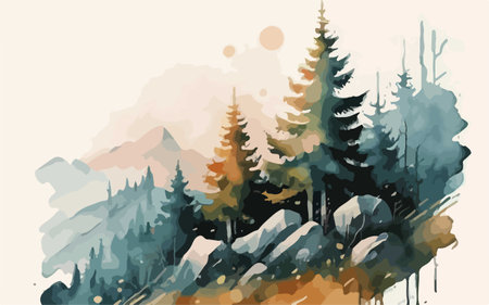 Watercolor mountain landscape with coniferous forest. Hand drawn illustration.のイラスト素材