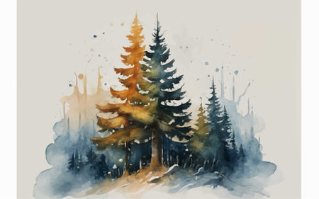 Watercolor illustration of a coniferous forest in the fog.のイラスト素材