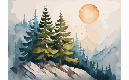 Mountain landscape with coniferous forest and full moon. Vector illustration.のイラスト素材