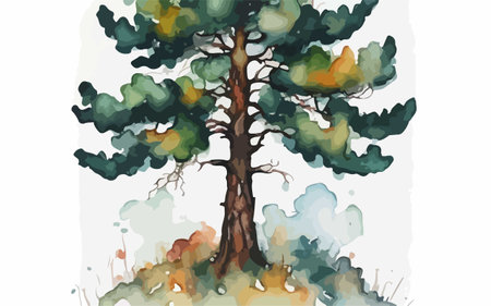 Pine tree in watercolor style. Hand drawn vector illustration.のイラスト素材