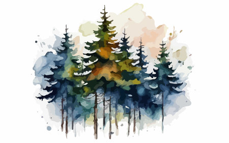 Pine trees in the forest. Watercolor painting. Vector illustration.のイラスト素材