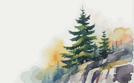 Pine trees in the mountains. Watercolor illustration. Vector.のイラスト素材