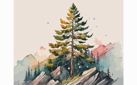 Pine tree in mountains. Watercolor painting. Vector illustration.のイラスト素材