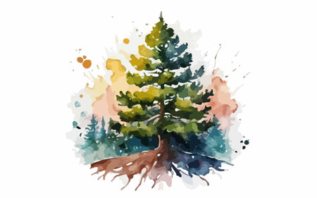 Pine tree in watercolor style. Hand drawn vector illustration.のイラスト素材