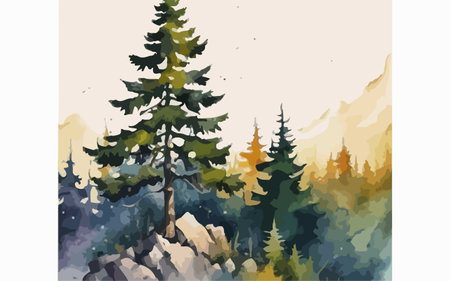 Vector illustration of coniferous forest in the mountains. Watercolor style.のイラスト素材