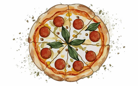 Illustration of pizza with tomato, mozzarella and olivesのイラスト素材