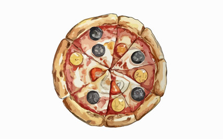 Illustration of a slice of pizza with olives, tomato and cheeseのイラスト素材