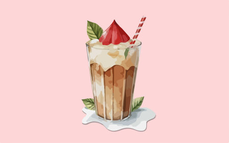 Illustration of a glass of ice coffee with whipped cream and strawberriesのイラスト素材