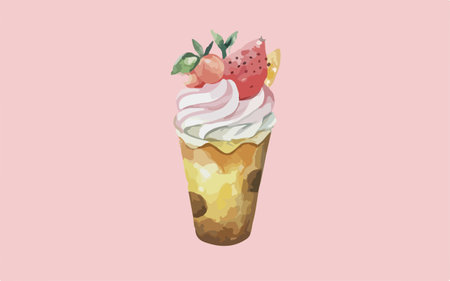 Illustration of ice cream in a waffle cup with strawberries and whipped creamのイラスト素材