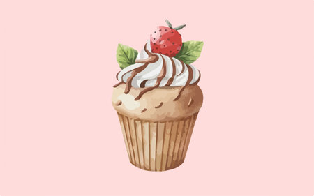 Illustration of a cupcake with a cream and strawberries on a pink backgroundのイラスト素材