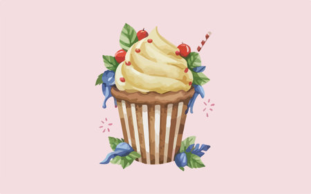 Illustration of cupcake with cream and cherry on a pink background