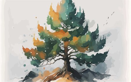 Beautiful vector illustration of a coniferous tree in the mountains.のイラスト素材