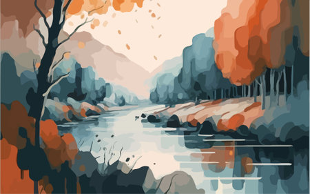 Autumn landscape with river and forest. Vector illustration in flat styleのイラスト素材