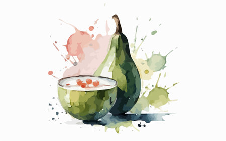 Avocado and yogurt with watercolor splashes. Vector illustration.のイラスト素材