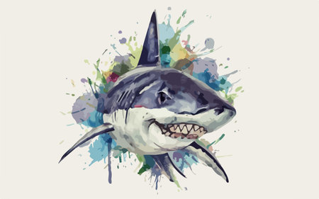shark vector illustration watercolor splashes and splashes, great white sharkのイラスト素材