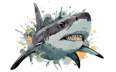 Vector illustration of a great white shark on a watercolor background.のイラスト素材