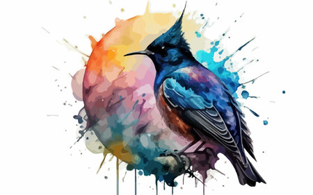 Colorful bird on watercolor splashes background, vector illustration.のイラスト素材