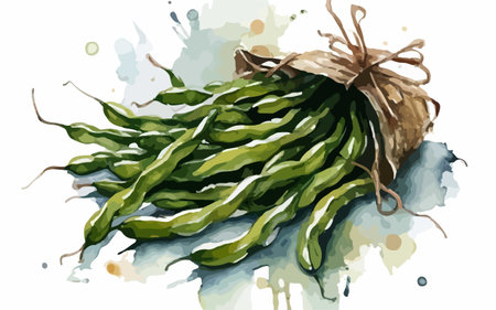 Illustration of green beans on a white background with watercolor splashes