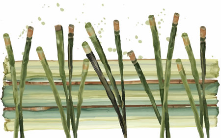 Watercolor illustration of a row of green reeds on a white backgroundのイラスト素材
