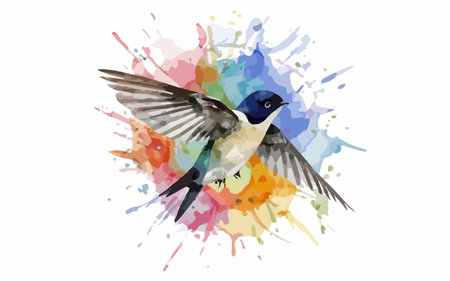 Swallow bird flying over watercolor splashes. Vector illustration.のイラスト素材