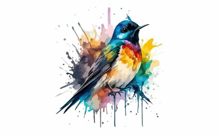 Watercolor illustration of a colorful bird on a white background with splashesのイラスト素材