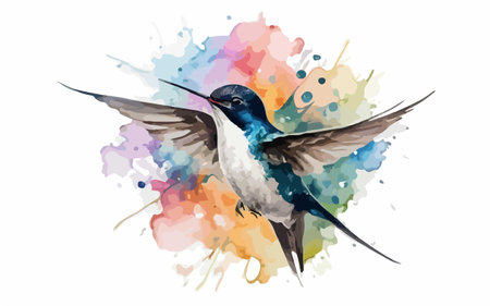 Watercolor swallow bird on watercolor splashes background. Vector illustration.のイラスト素材